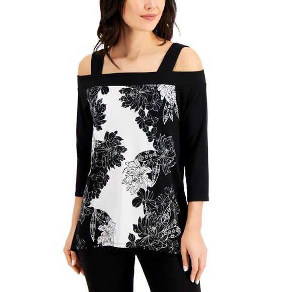 JM Collection Floral Print Cold Shoulder Top - Picture 1 of 3